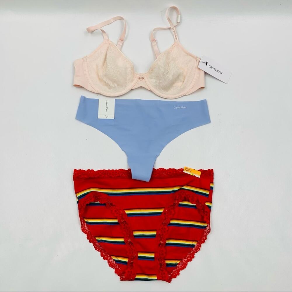 Calvin Klein Pink Lace Bra with Light Blue Thong